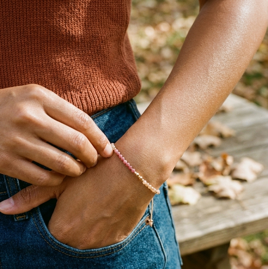 Pink Tourmaline & Sunstone Beaded Bracelet
